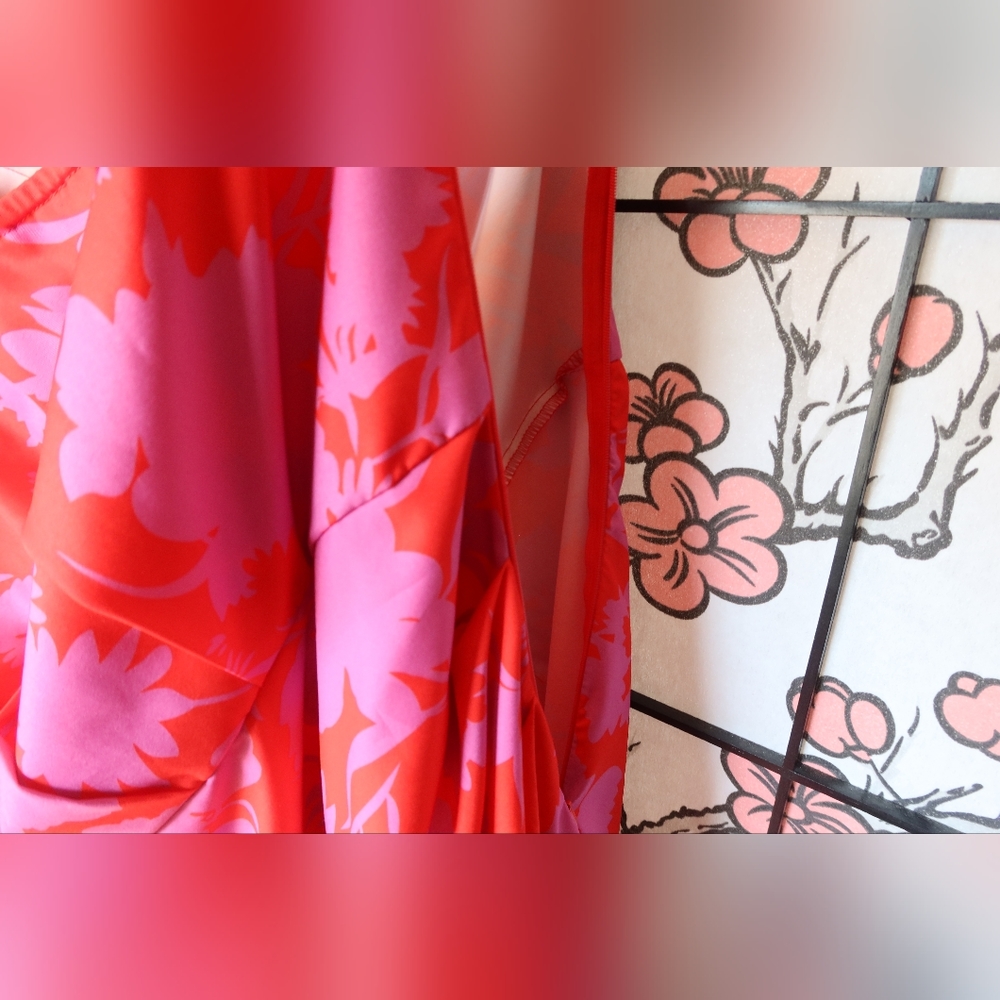 Pink and Red Floral Asymmetrical One Sleeve Off Shoulder Dress - Picture 8 of 12